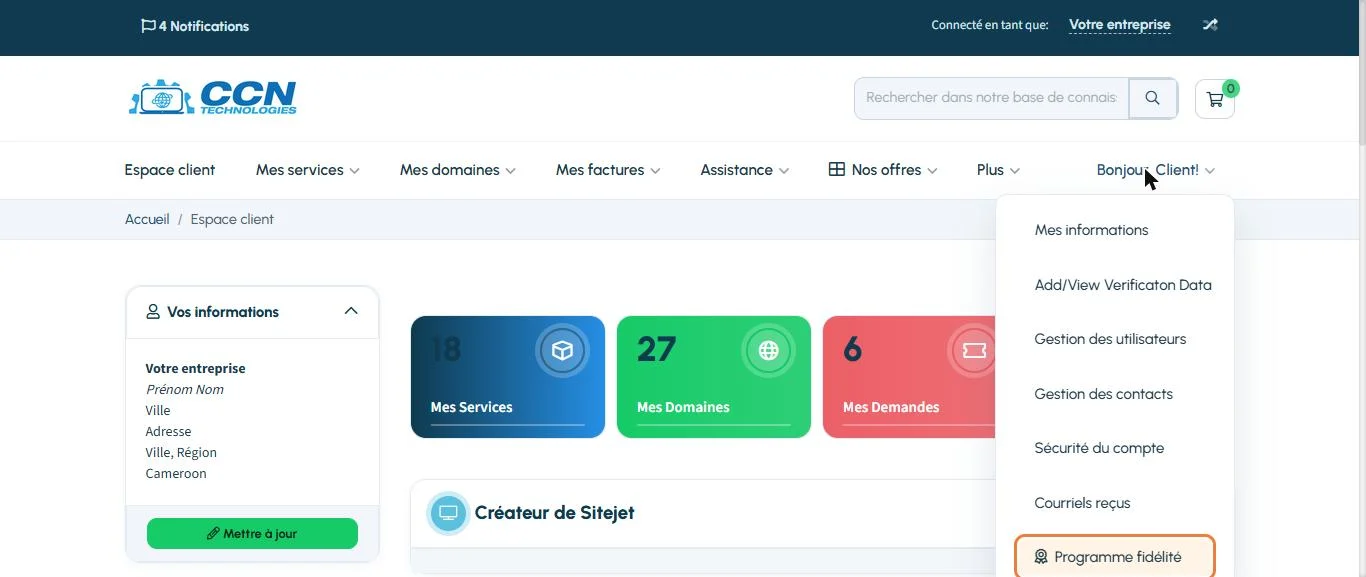 Menu du compte ouvert avec l entree Programme fidelite