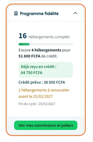 Encart Programme fidelite du tableau de bord