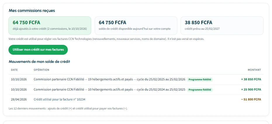Commissions recues, solde de credit et mouvements du solde