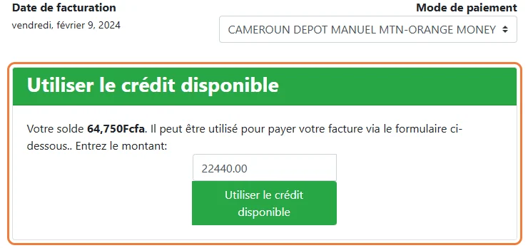 Bloc Utiliser le credit disponible sur une facture