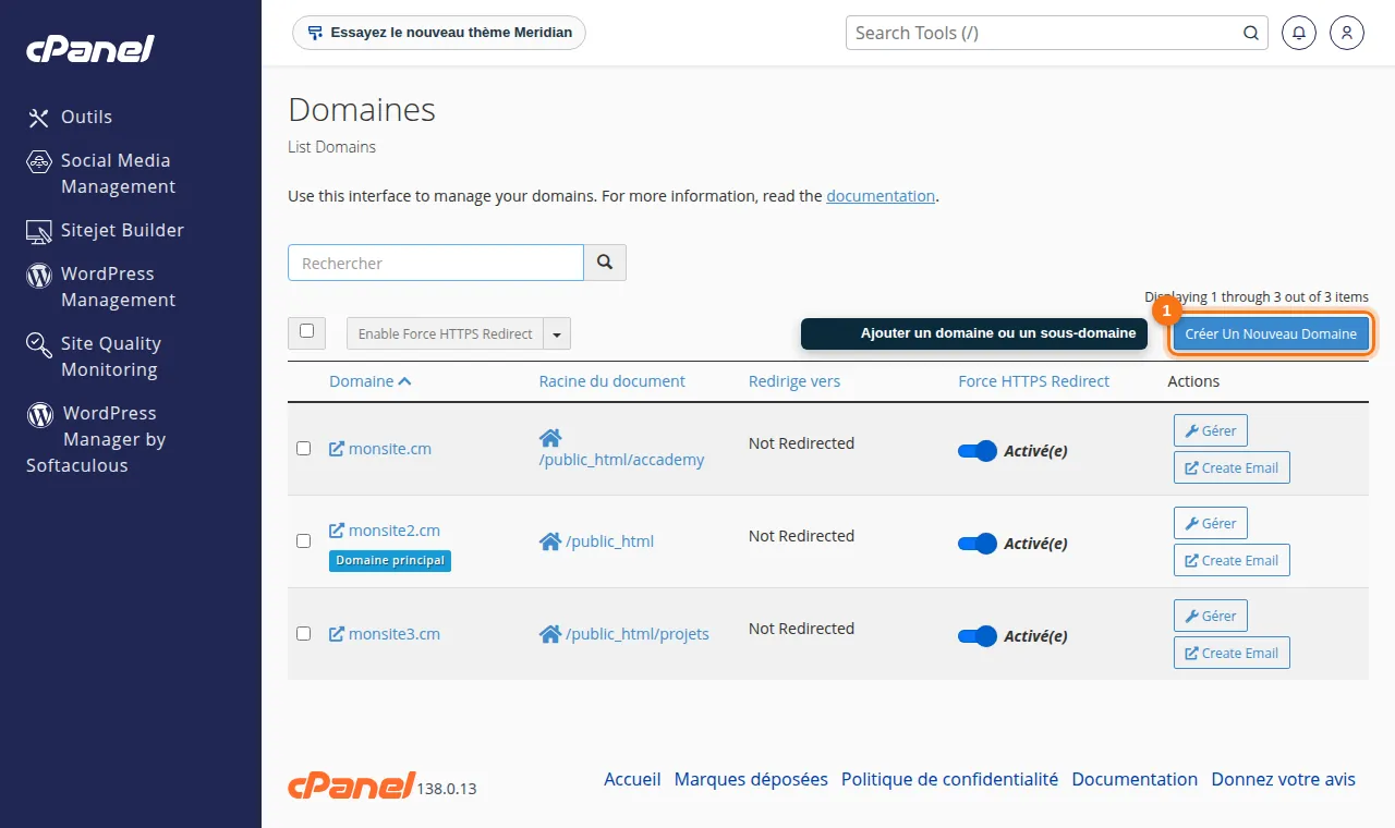 Tous se créent dans cPanel → Domaines → « Créer un nouveau domaine ».