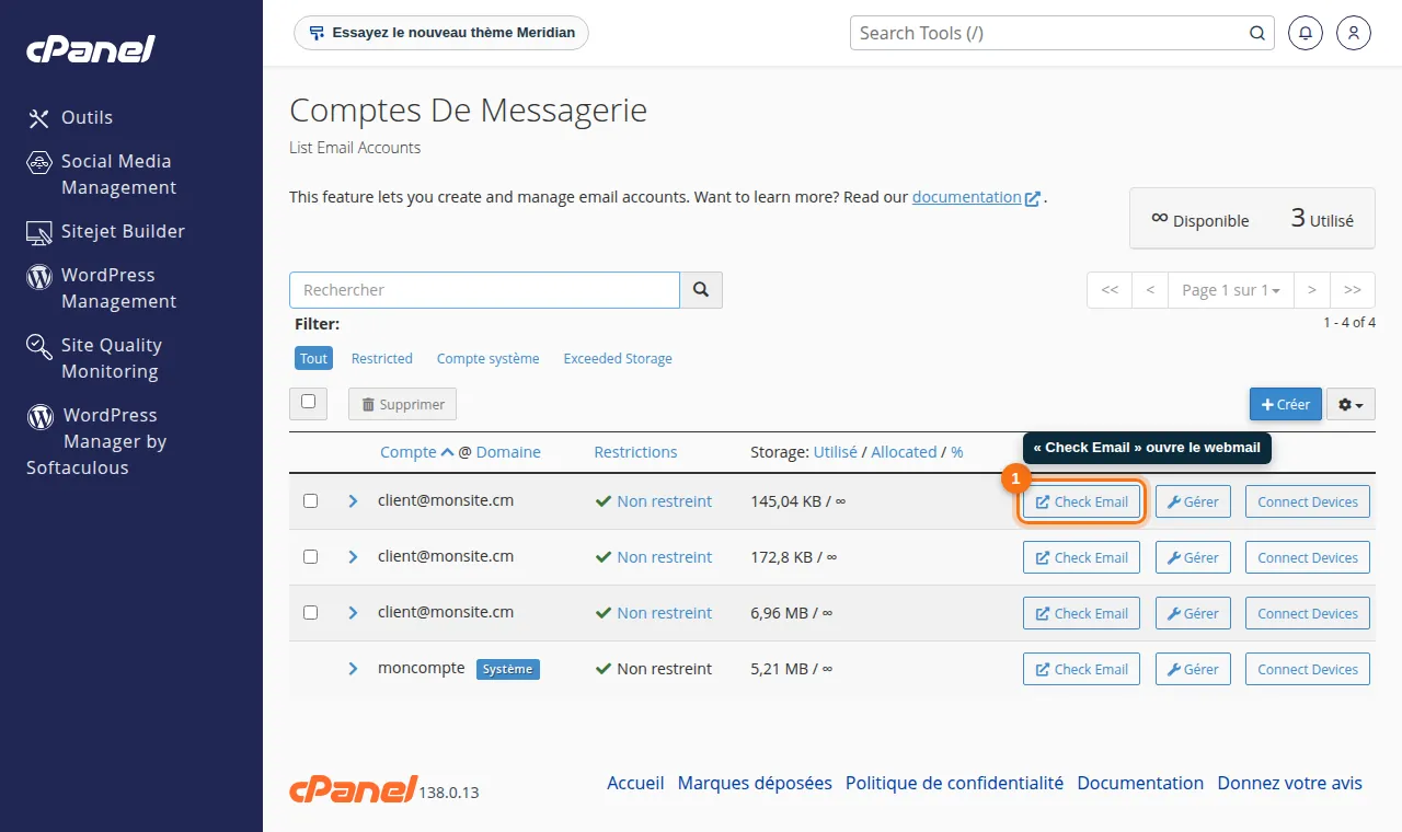 cPanel → Comptes de messagerie → « Check Email » ouvre le webmail de la boîte.