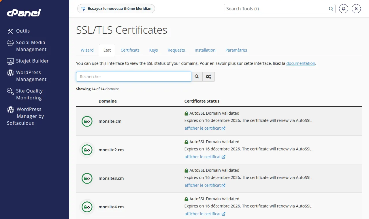 Après installation, vérifiez le statut dans cPanel → SSL/TLS.