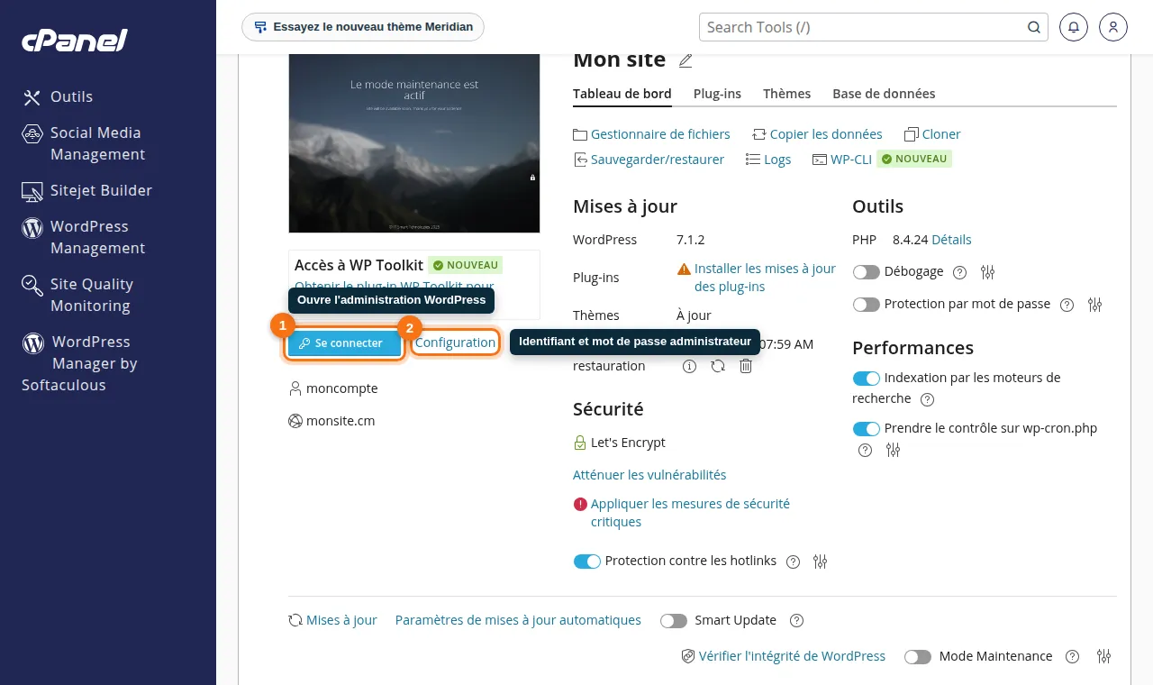 « Se connecter », puis menu LiteSpeed Cache dans WordPress pour les réglages.