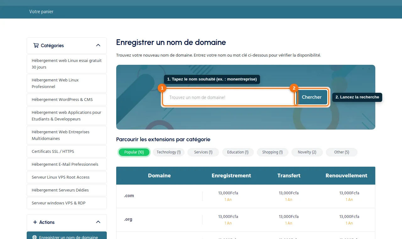 Tapez le nom souhaité puis cliquez sur « Chercher ».