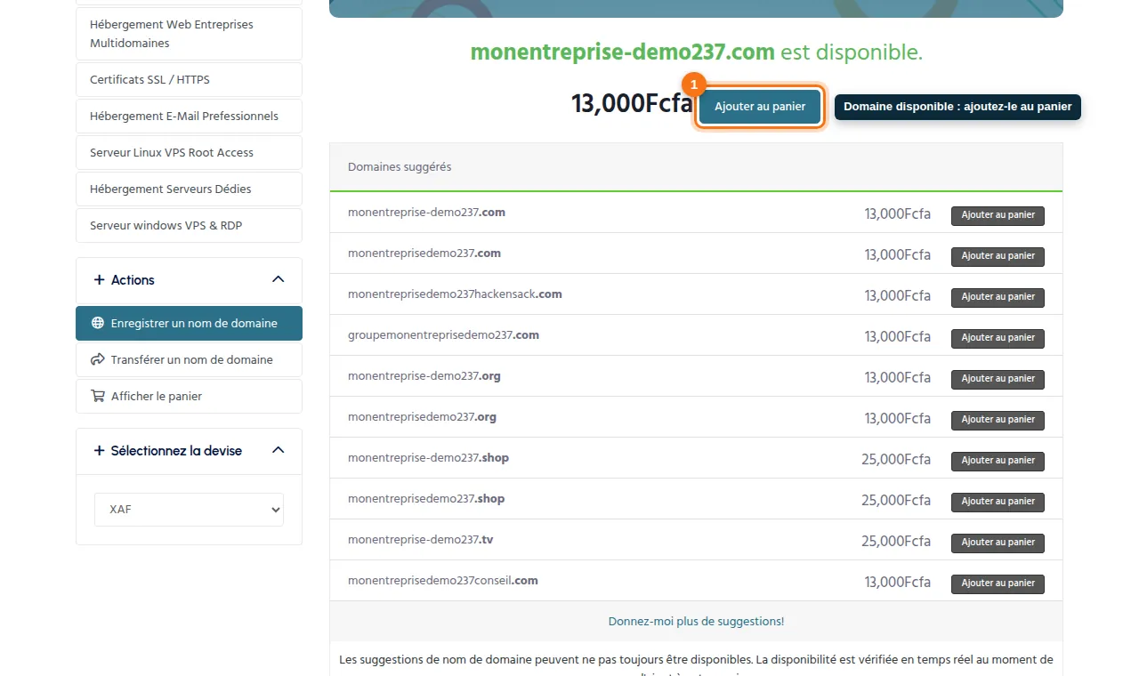 Si le domaine est disponible, ajoutez-le au panier ; des extensions alternatives sont proposées.