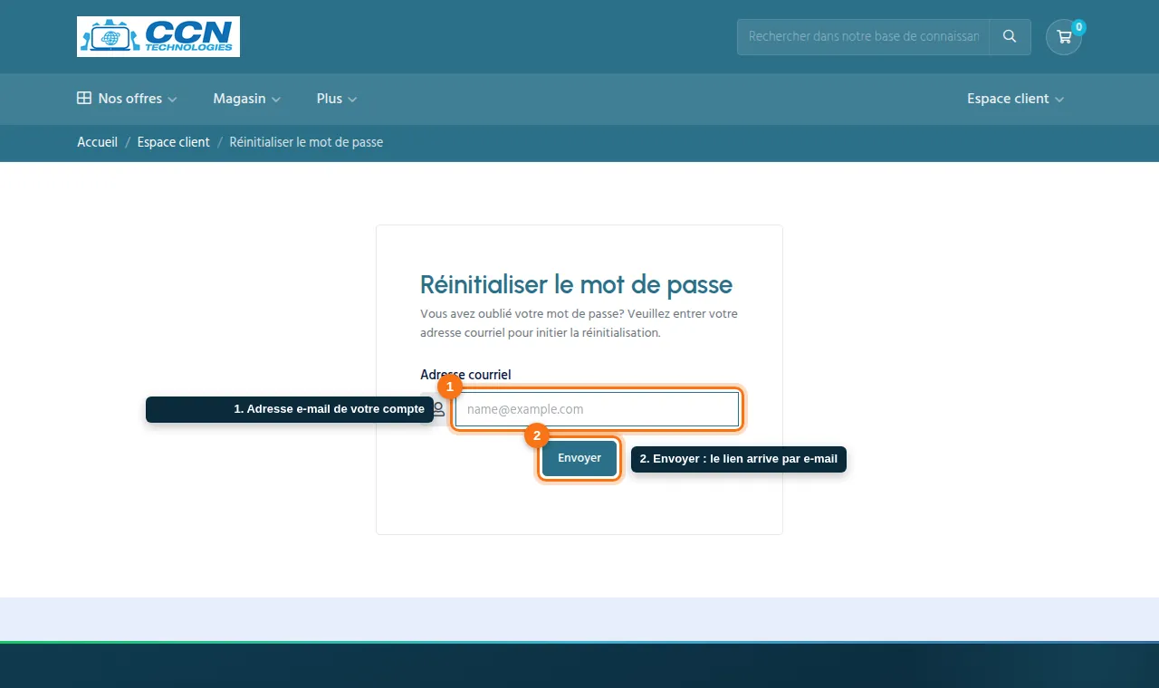 Indiquez l'adresse e-mail de votre compte puis « Envoyer »