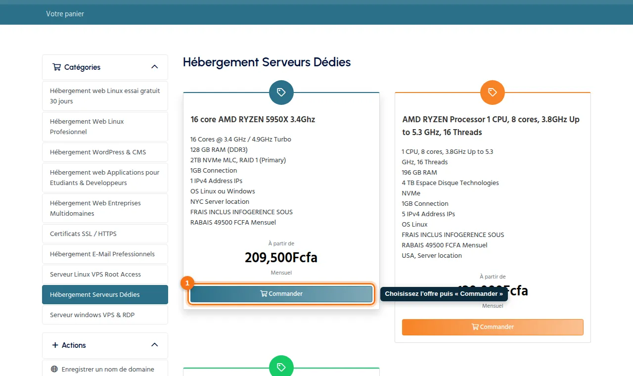 Magasin → Hébergement Serveurs Dédiés