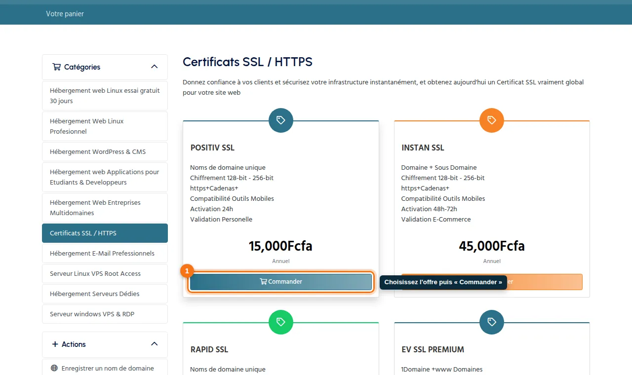 Magasin → Certificats SSL / HTTPS