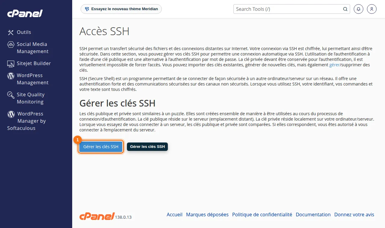 Bouton Gérer les clés SSH