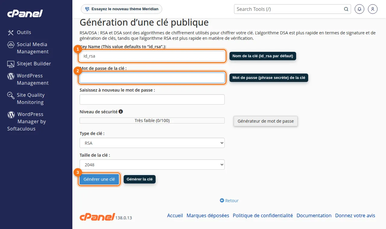 Formulaire de génération d'une clé