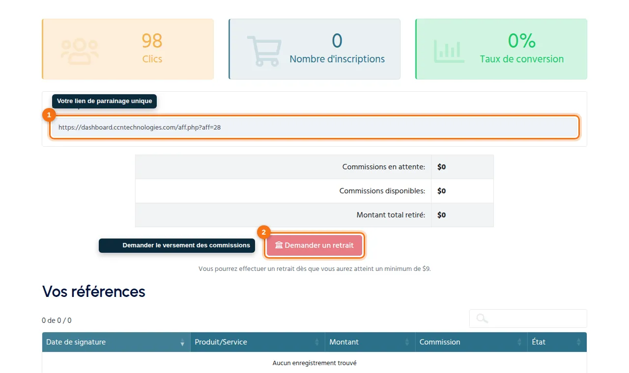 Espace client → Programme d'affiliation