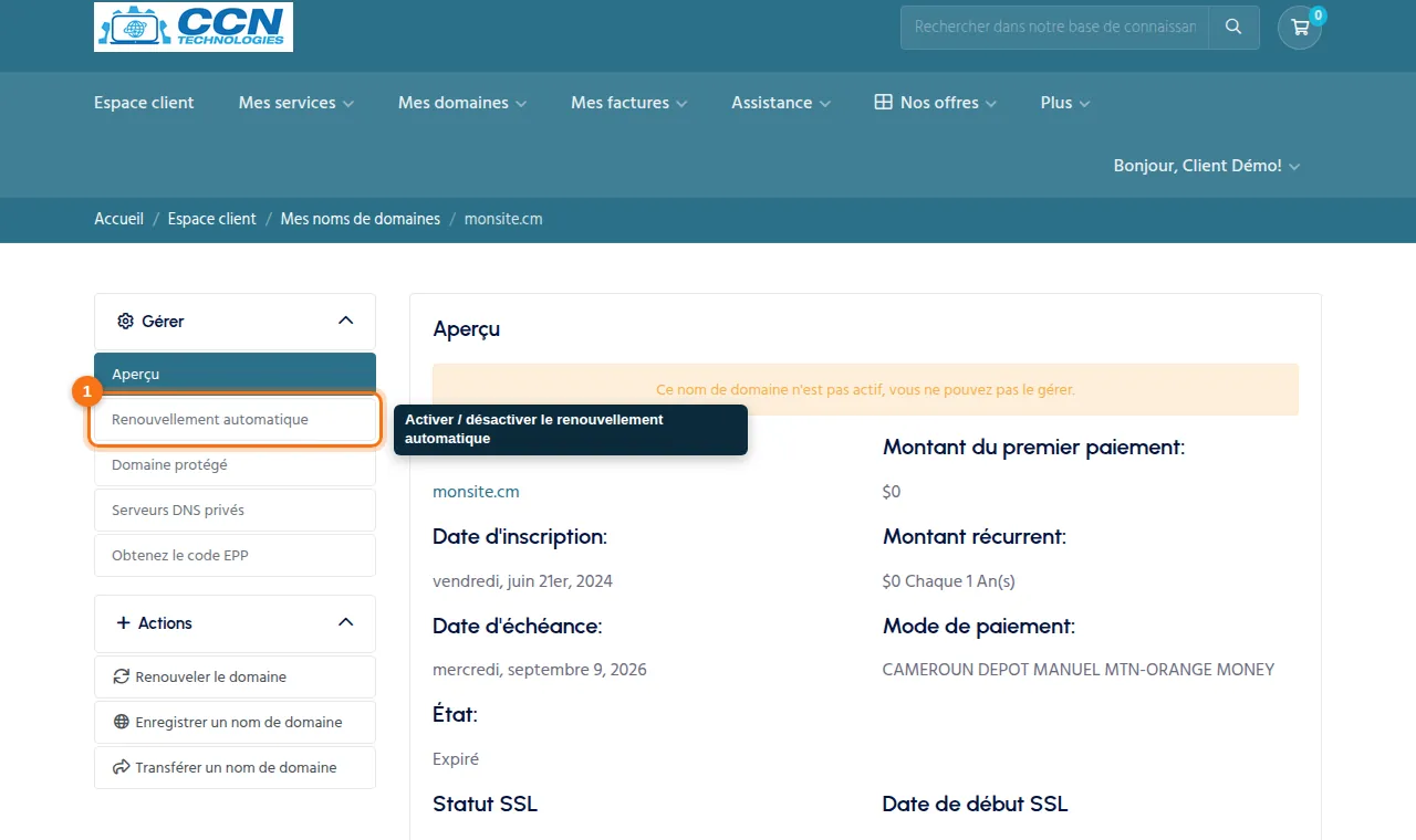 Dans la page du domaine, l'onglet « Renouvellement automatique » permet de l'activer ou de le désactiver.