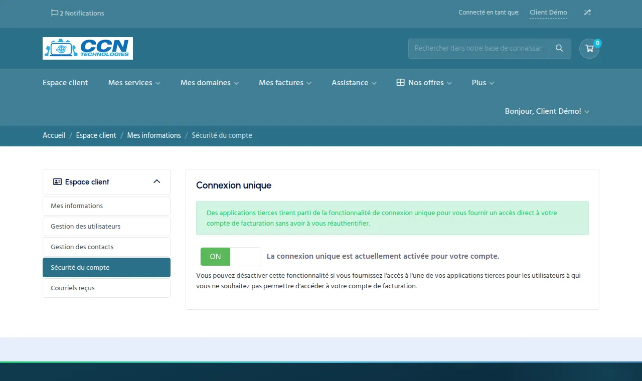 Mes informations → Sécurité du compte. Si la rubrique « Double authentification » n'y figure pas encore, conta