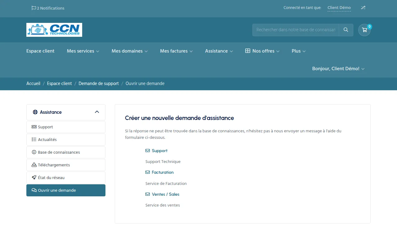 Assistance → Ouvrir une demande